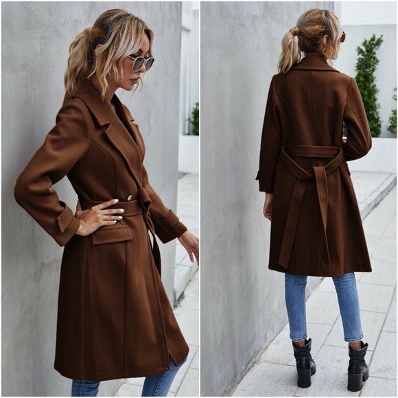 Trench Coat Double Breast Buttons belt pea coat - Picture 11 of 16